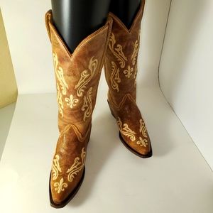 Corral Women's Western Cowboy Boots  Brown/Tan with Embroidery Size 8 M Vintage